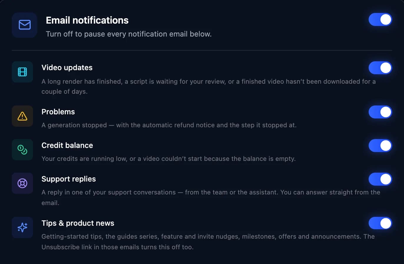 Settings → Notifications: the master switch and the per-category toggles