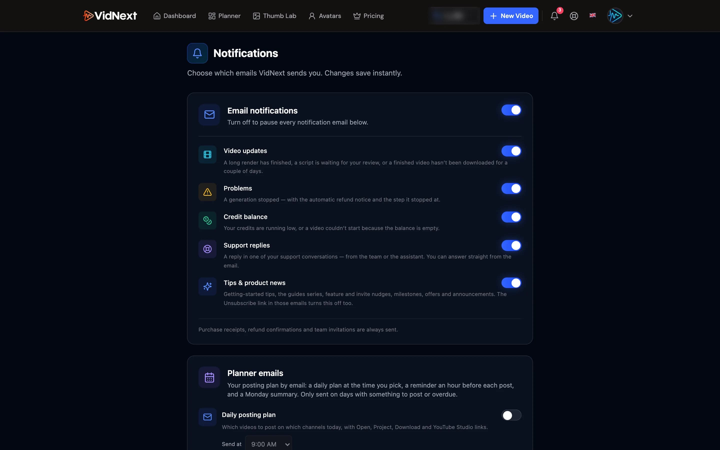 The Notifications settings page, with the Planner emails card