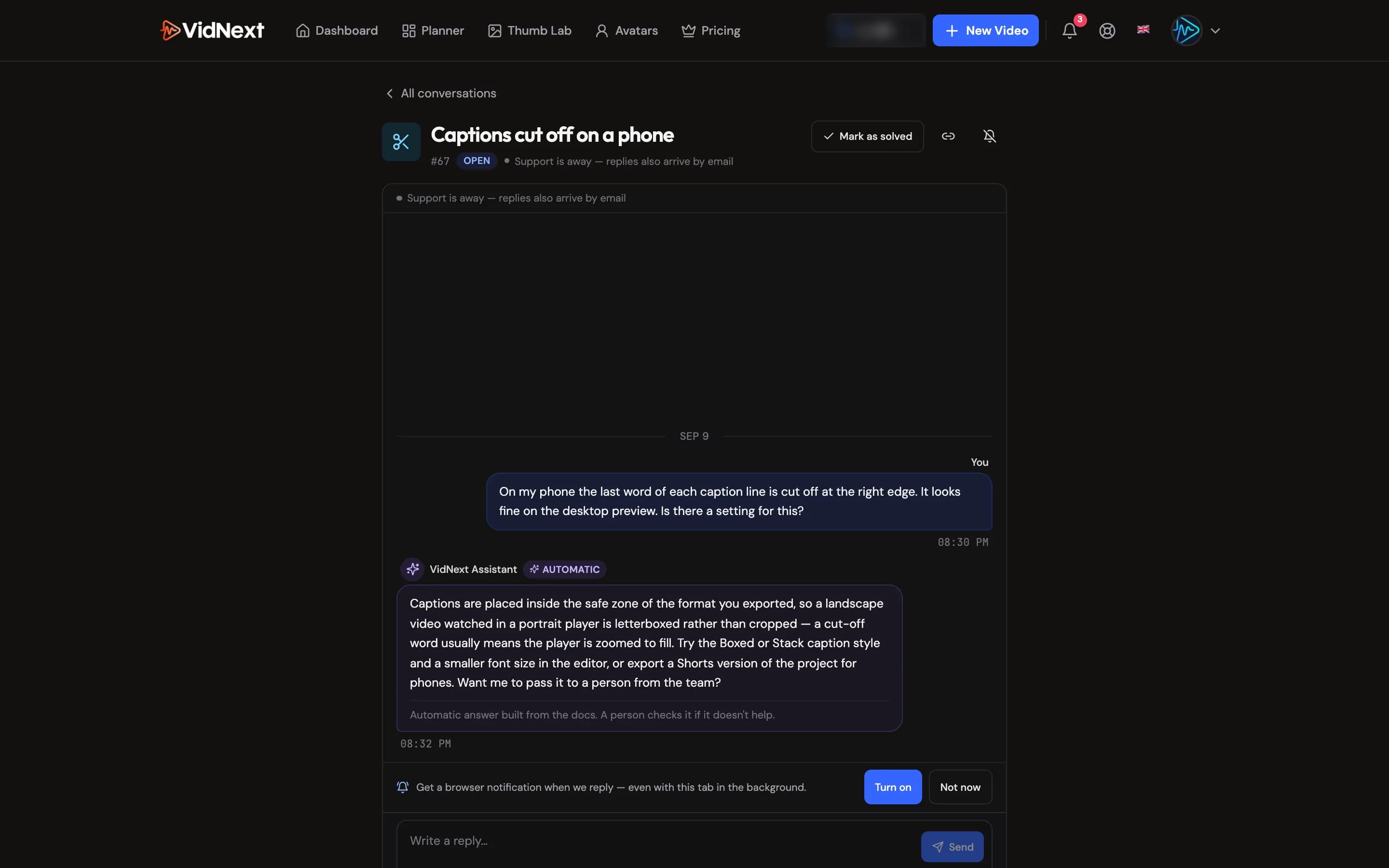 An open conversation: your message, the assistant's answer with its two buttons, and Mark as solved
