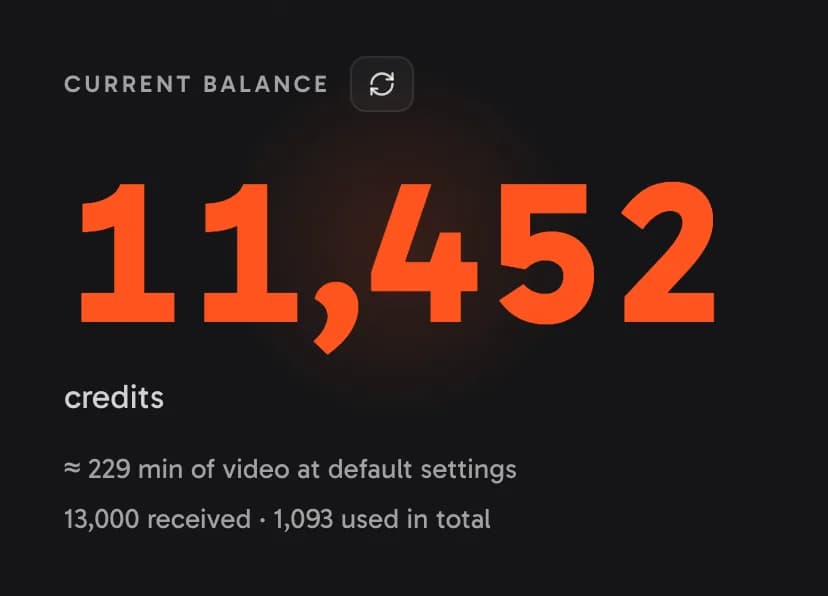 Your balance on the Billing page after the plans release: about how many minutes of video it makes at default settings, and the credits received and used in total