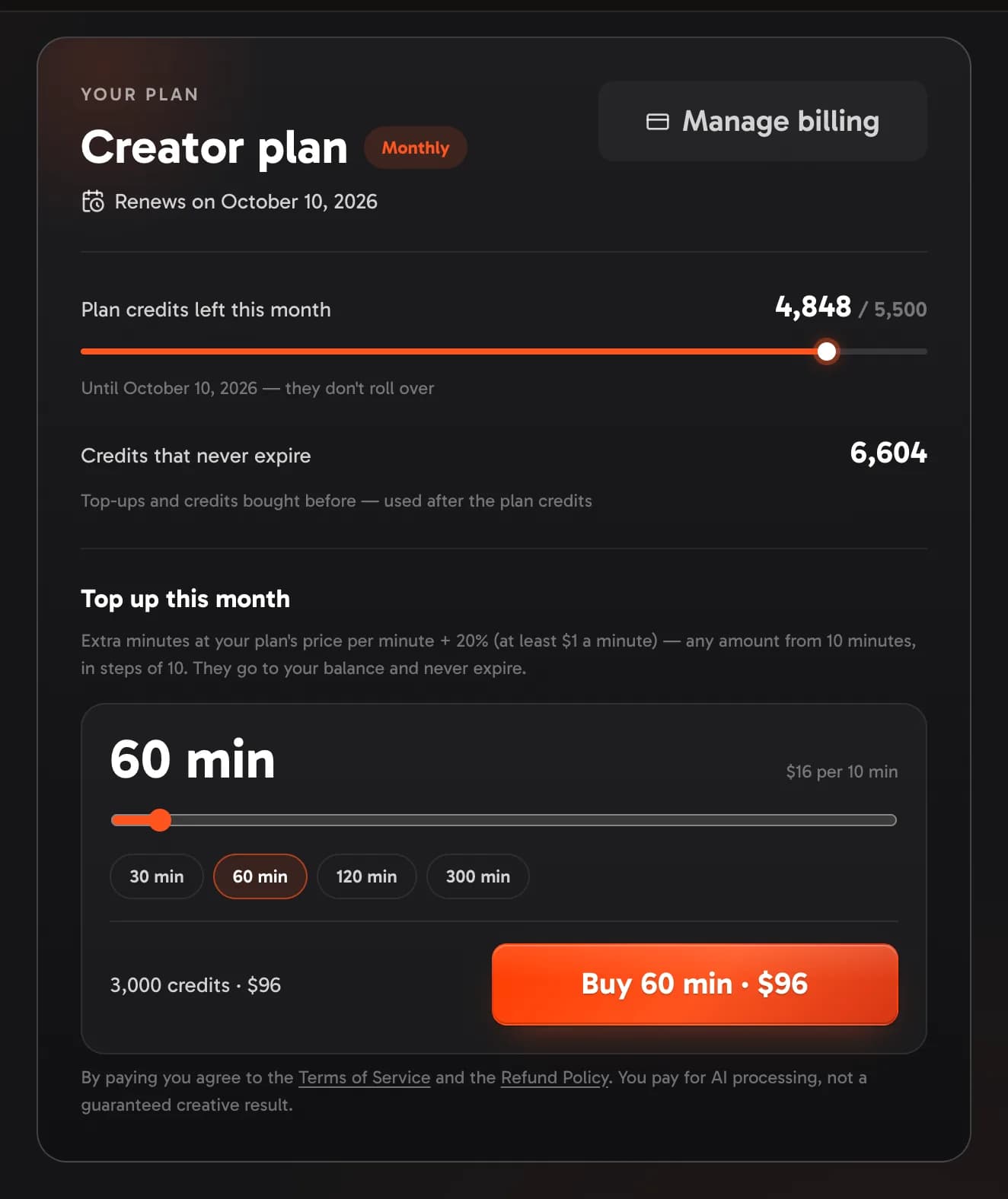 The plan card on the Credits page: the plan and its billing period, the renewal date, the plan credits left this month, the credits that never expire, Manage billing and the top-ups