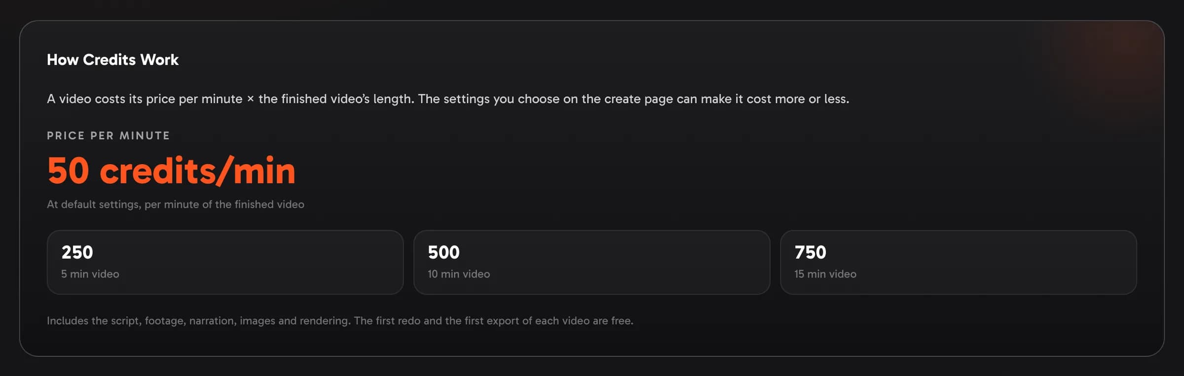 How credits work on the Credits page: the price per minute at default settings and what 5, 10 and 15 minutes of video cost