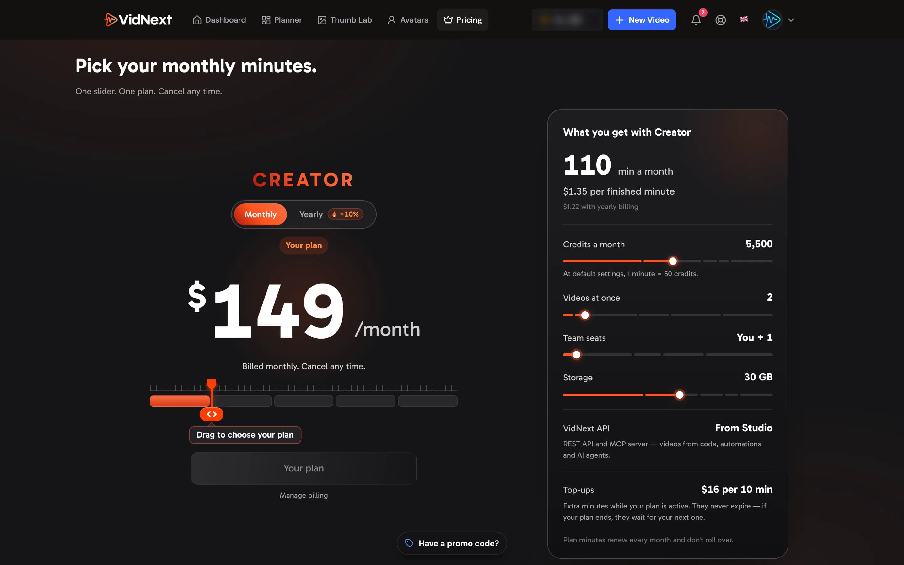 The pricing page after the plans release: one slider across the plans with the Monthly / Yearly switch above it — the price and the button follow the slider, and the card beside it shows the minutes a month, the price per finished minute and what the plan includes