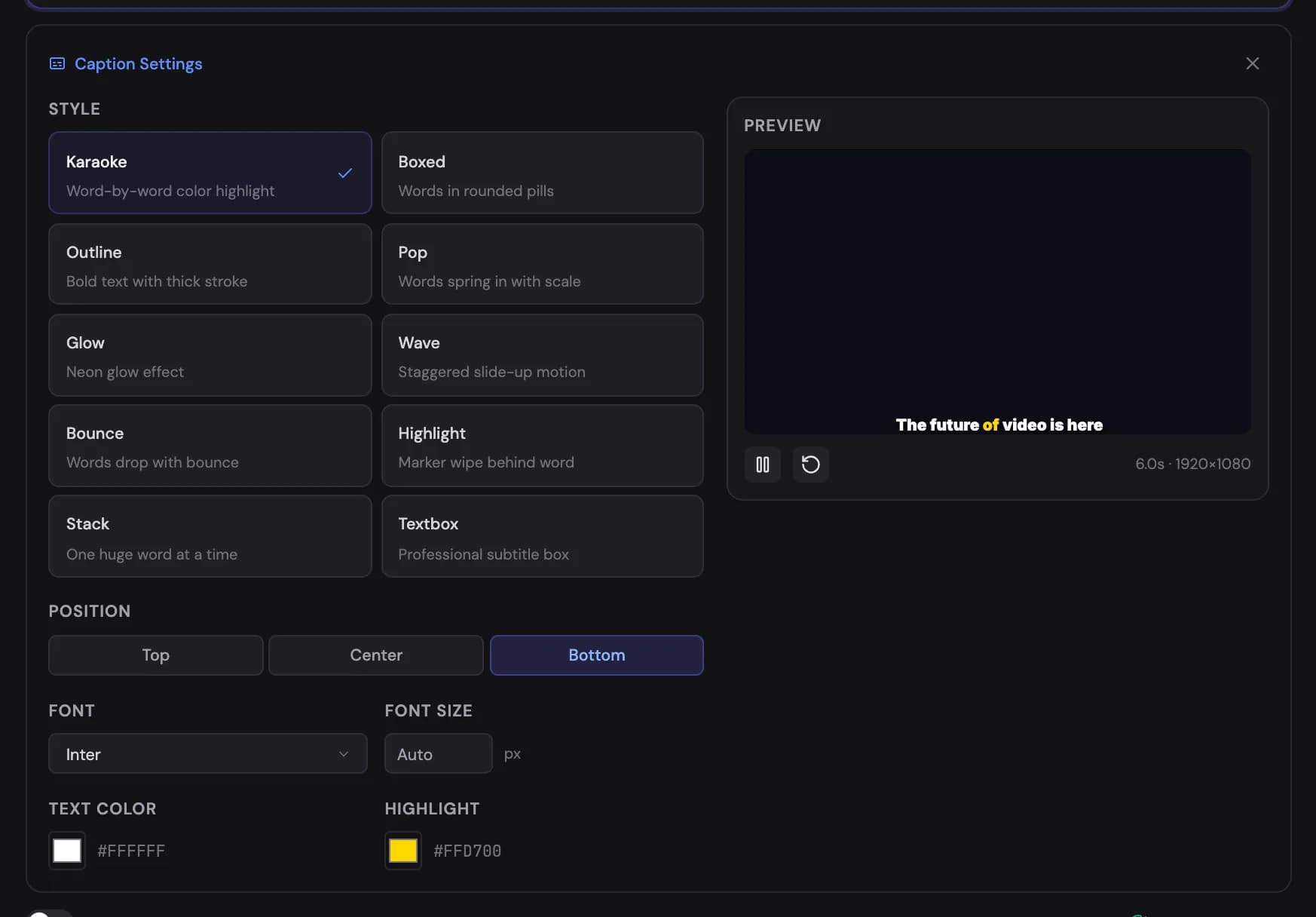 Caption settings: the style cards with a live animated preview, position, font and colours