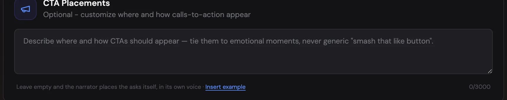The CTA placements free-text field