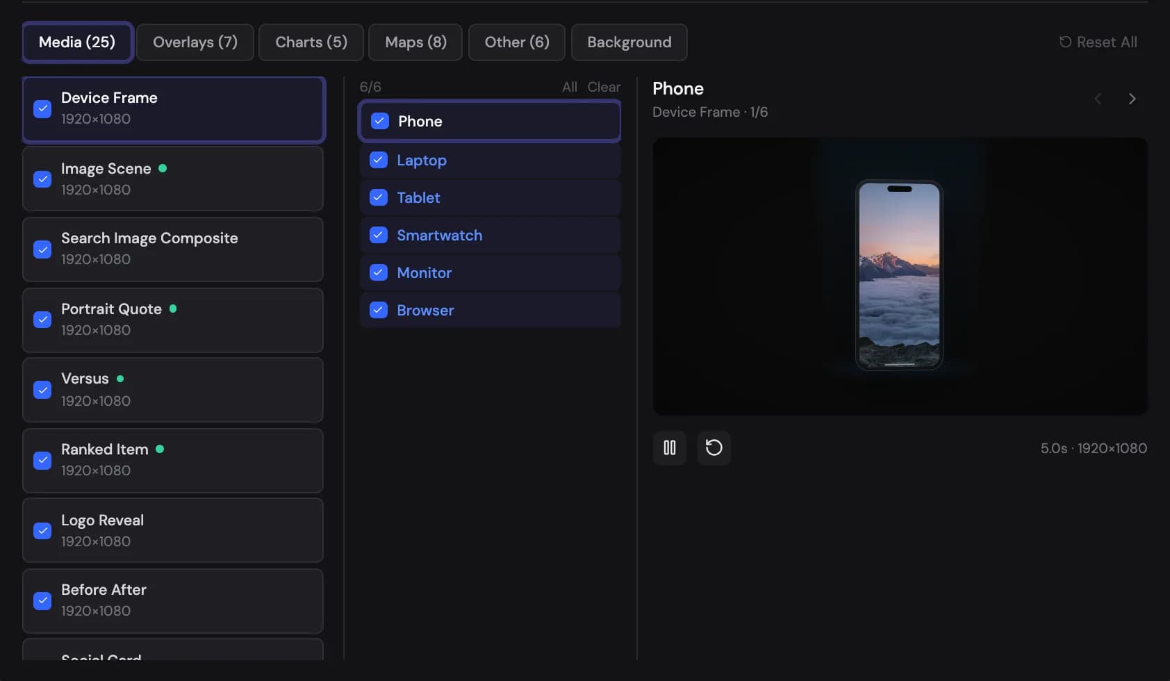 The design library on the Media tab: template list, variants and the live preview