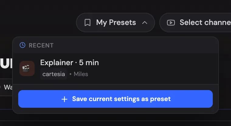 The My Presets menu at the top of the create page