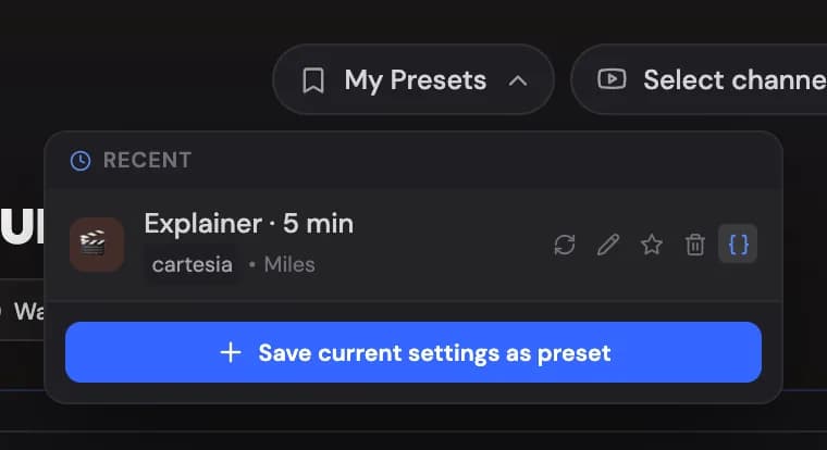 The preset list on the Create page with the API: Copy ID for the API beside each preset