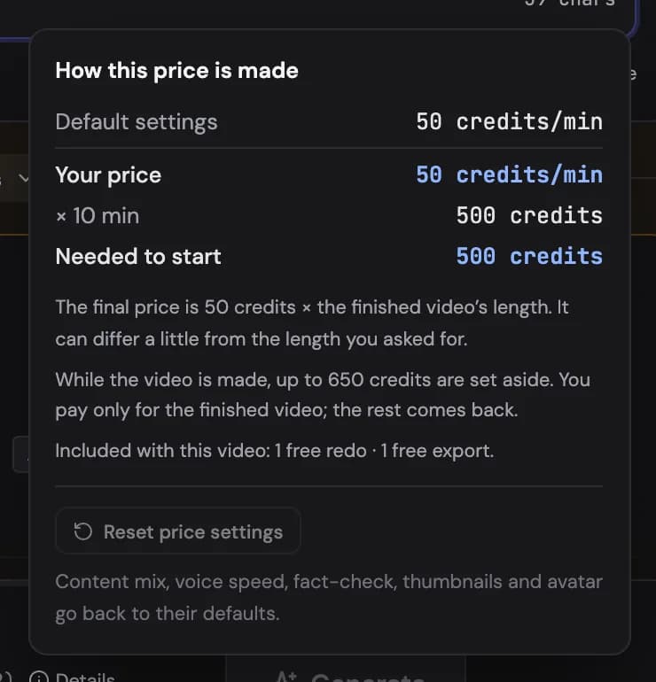 Details: how the price is made โ the default price, what your settings change, your price ร the length, what is set aside, and Reset price settings