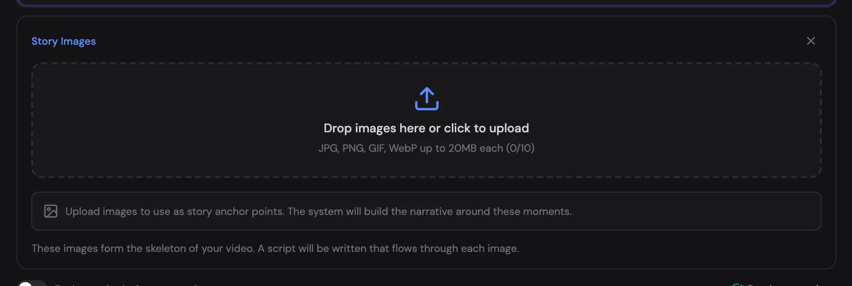 The Story images panel with its upload zone