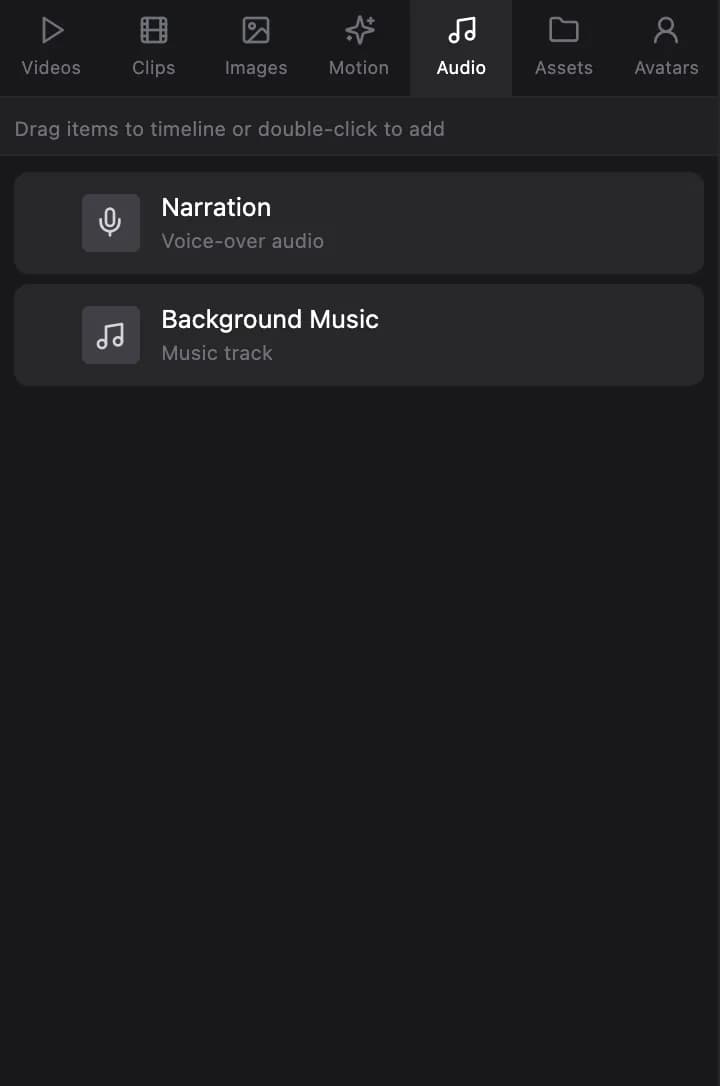 The Audio tab with addable Narration and Background Music elements