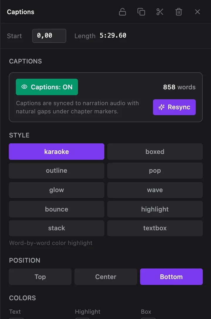 The captions panel: ten styles, position, colours and font size, plus Resync