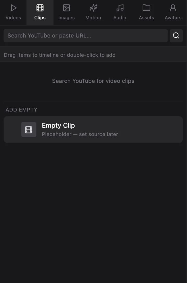 The Clips tab: search YouTube directly or paste a link