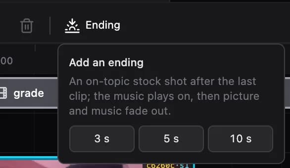 The Ending button above the timeline, with its 3 / 5 / 10 s menu open