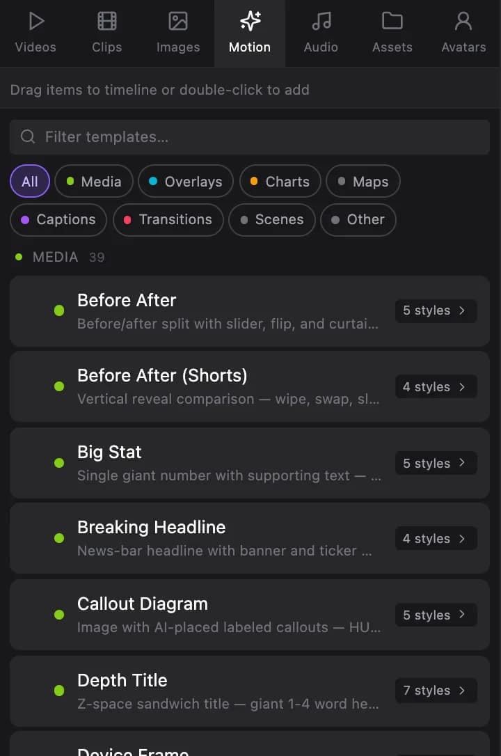 The Motion tab: animated templates grouped by category