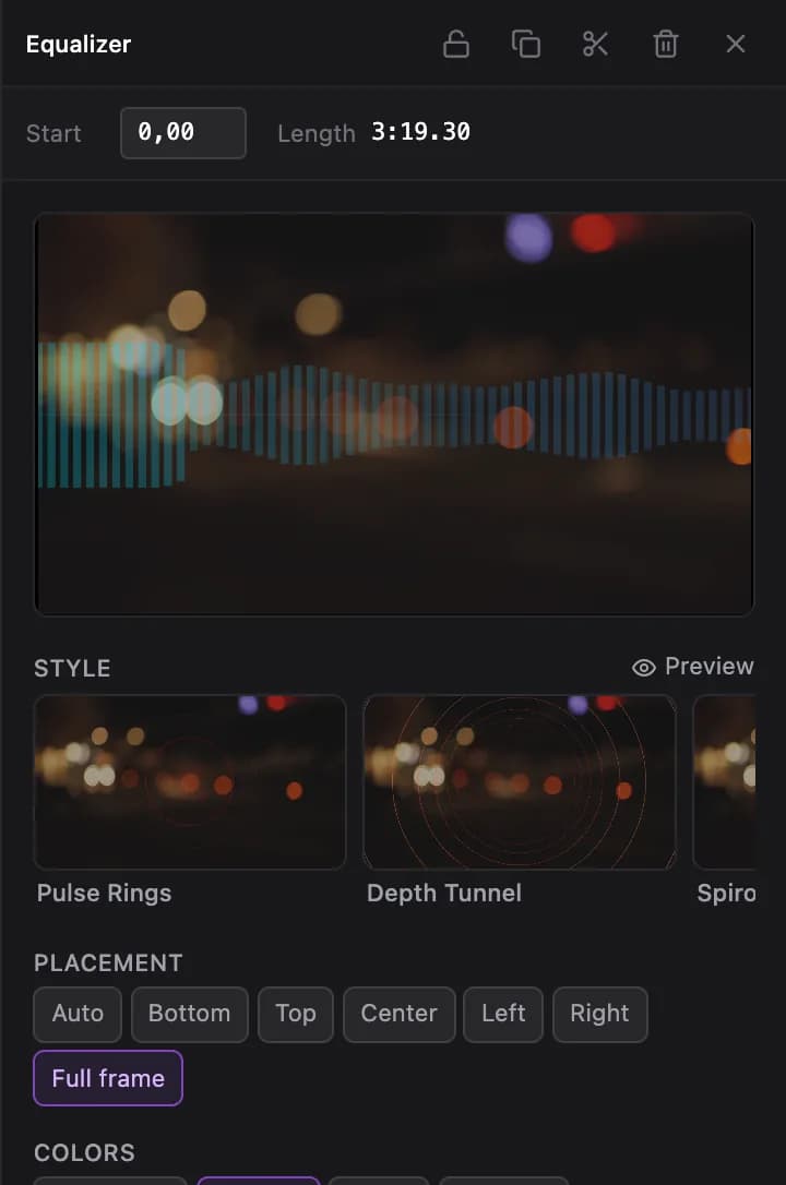 The lyrics overlay's panel in a music video: style strip, options and the Lyrics & timing list