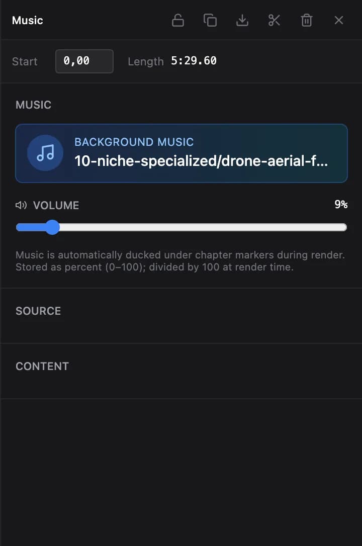 The music track's panel with its volume slider