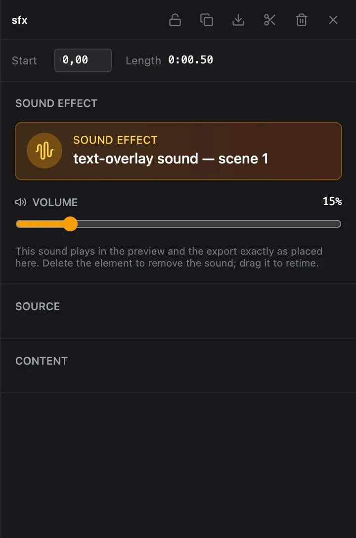 A sound effect's panel with its volume slider