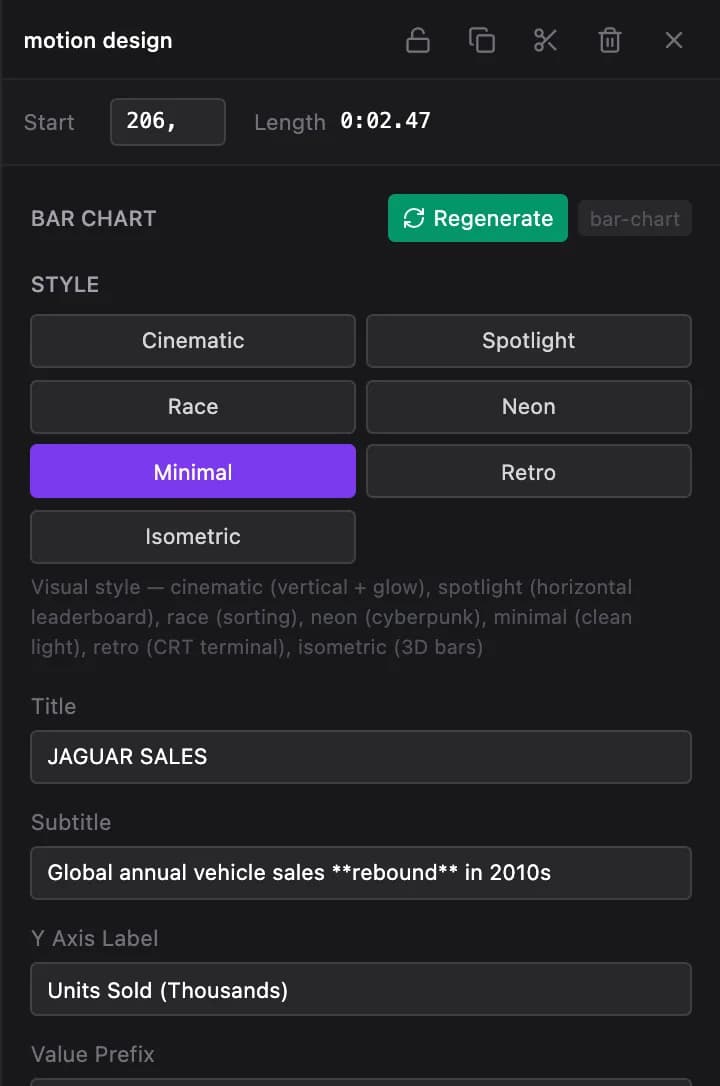 A motion-design template's panel: its style variants and editable values