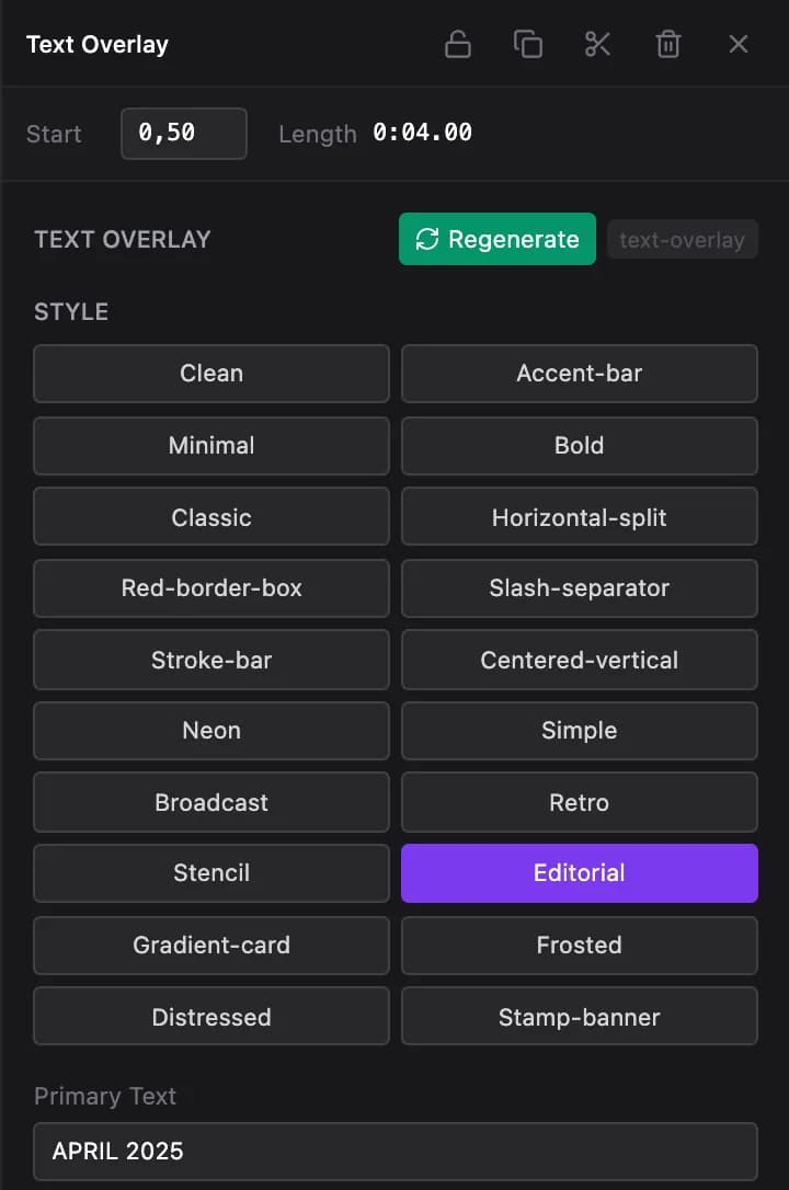 A text overlay's panel: the template's style variants, then its text, size and position