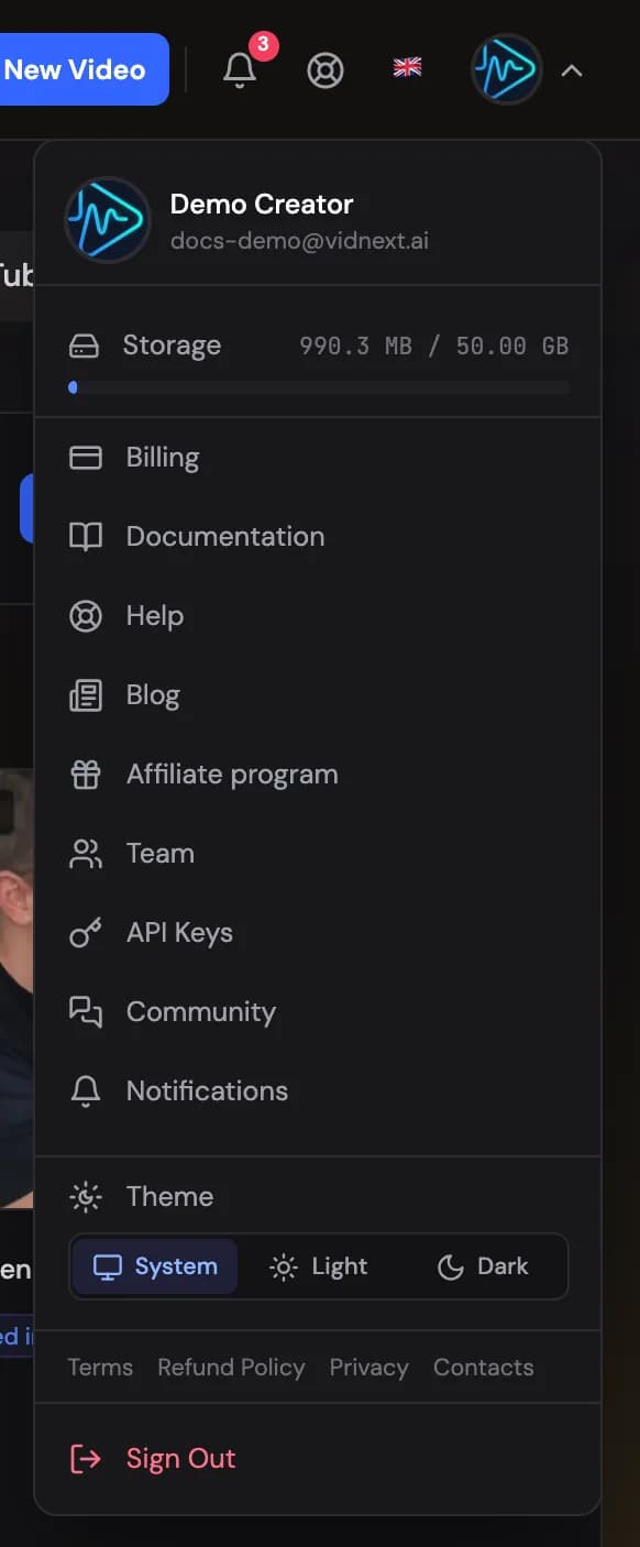 The account menu: Storage with its usage bar, Billing, Docs, Referrals, Team, API keys, Notifications and more