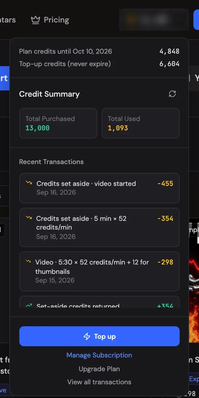 The credits dropdown for an account with a plan: this month's plan credits and their end date, the top-up credits, and the shortcuts