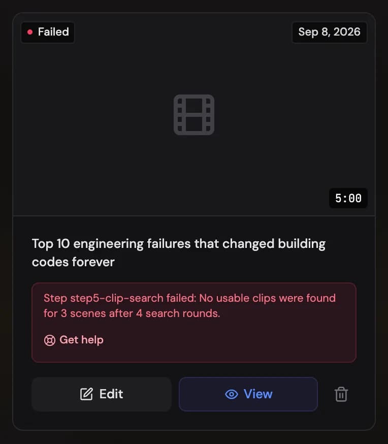A failed video's card with the error text and Get help