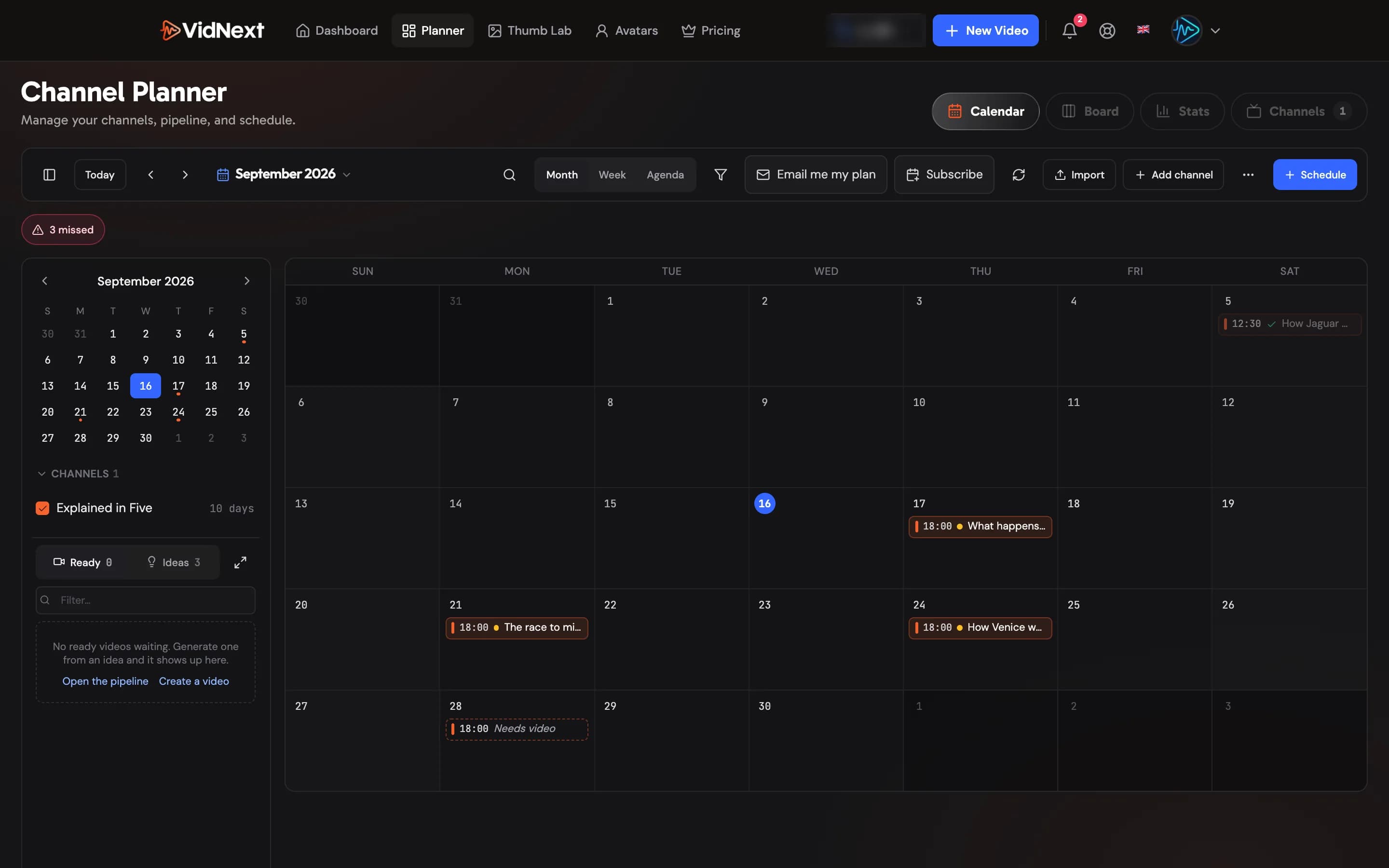 The Channel Planner calendar: every channel's posts in its colour, the attention chips, the sidebar with the ready tray