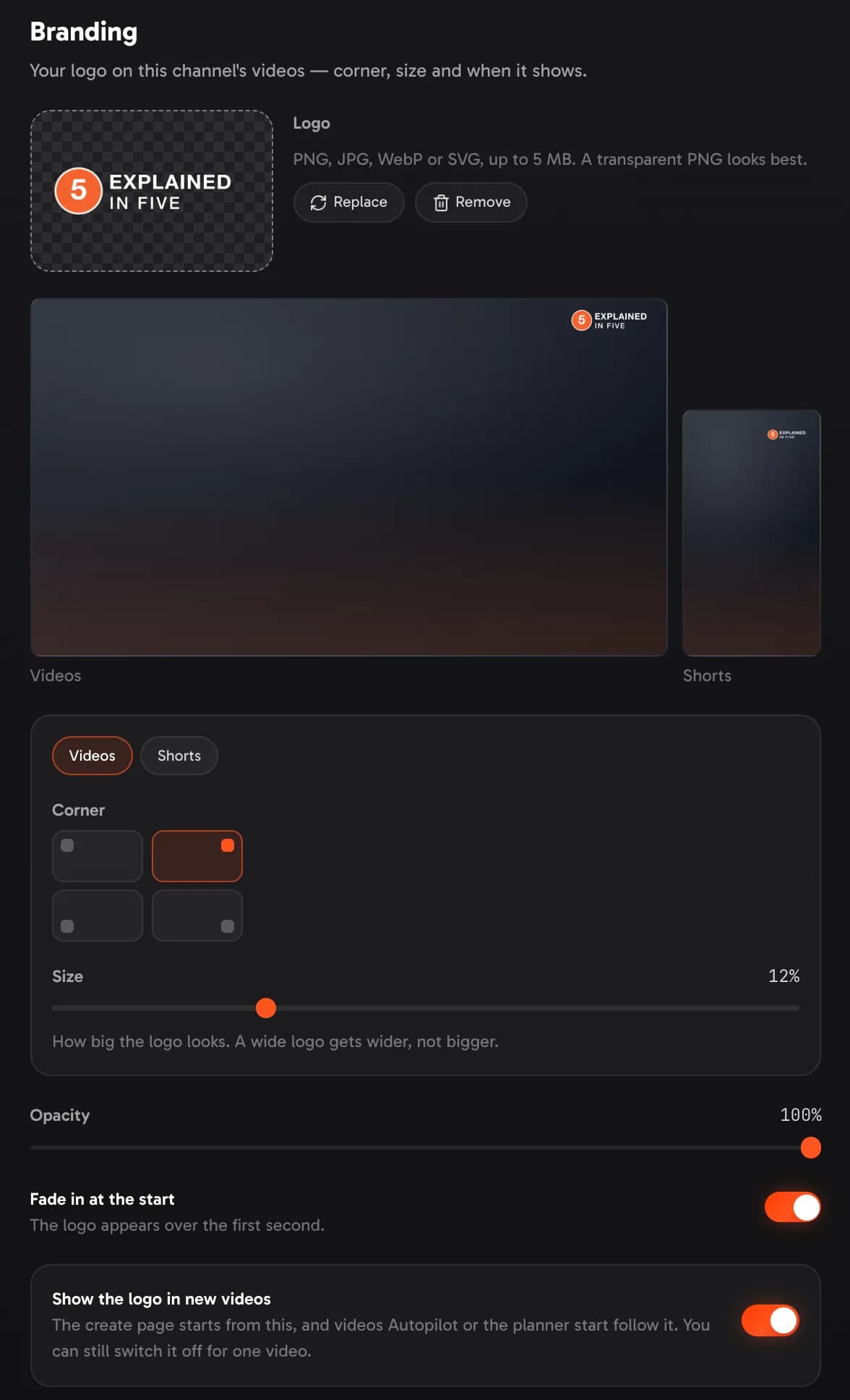 The channel editor, Branding: the logo with a preview on a video and a Short, corner and size per format, opacity, fade-in and the switch for new videos