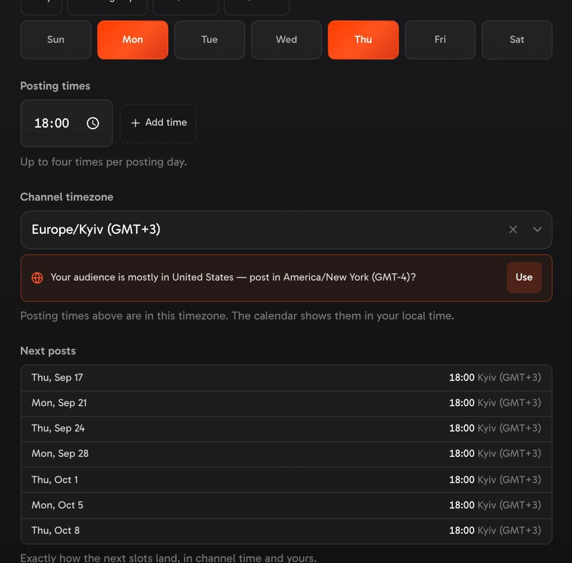The channel editor, Schedule: posting days, times, timezone and a preview of the next slots