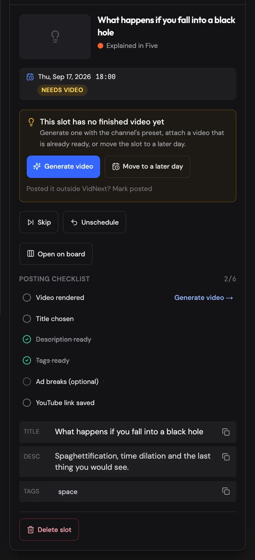 A post's panel: thumbnail, time, state, the posting checklist, the YouTube kit and the actions