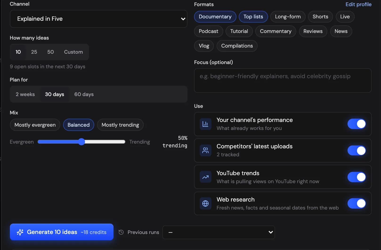 Idea Studio, Generate with AI: how many ideas, the horizon and mix, the sources to research, and the credit estimate on the button