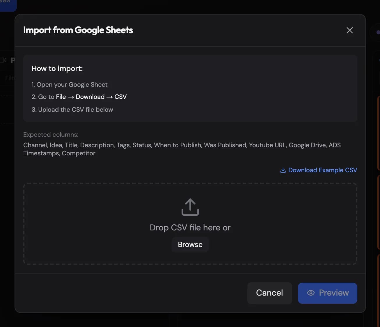 Import from Google Sheets: a CSV with the expected columns