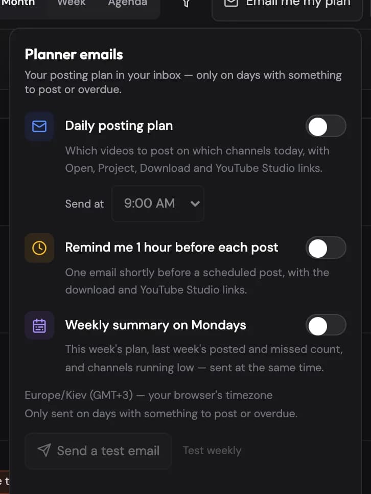 Email me my plan: the daily posting plan, the 1-hour reminder and the Monday summary, with Send a test email