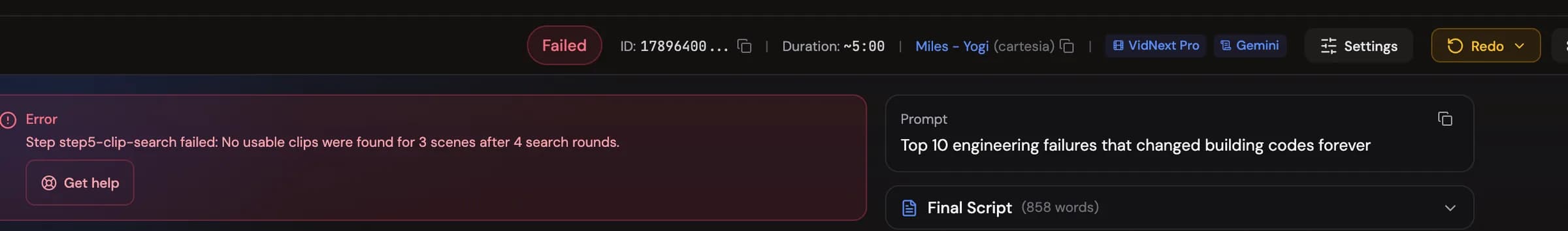 A failed project: the error box names the step, with Get help and the Redo menu one click away