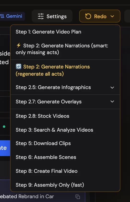 The Redo menu: one row per pipeline step, plus Assembly Only
