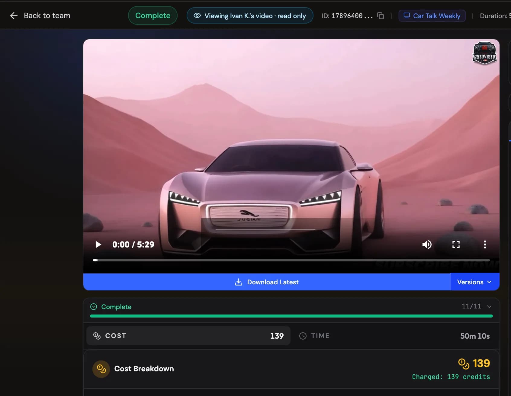 A team member's video opened from Team โ Projects: Back to team, the read-only chip, the player with Download, and the Cost tab with what was charged