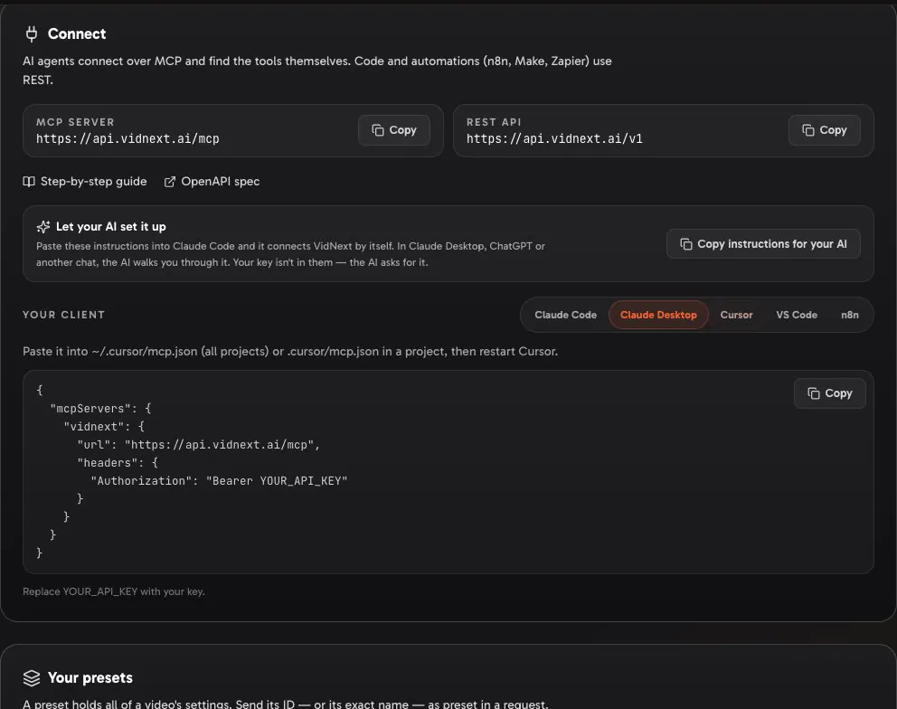 Picking each app in the Connect card: Claude Desktop, Cursor, VS Code, n8n and Claude Code, each with its setup ready to copy