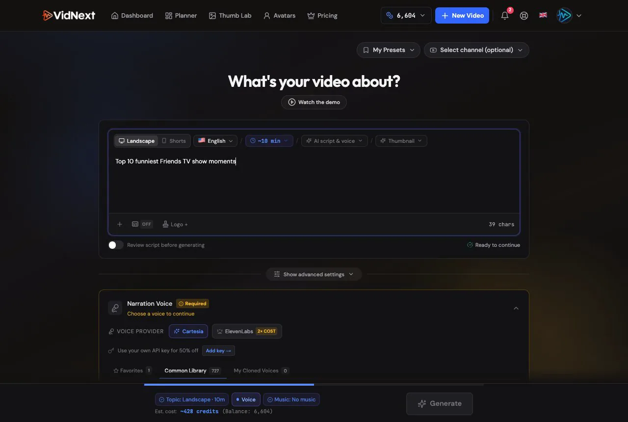 Switching the narration source: AI script & voice, Upload my narration, Music video