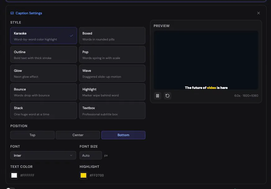 Trying caption styles: the live preview switches with each card