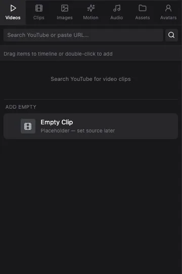 The media browser's tabs: Videos, Clips, Images, Motion, Audio, Assets
